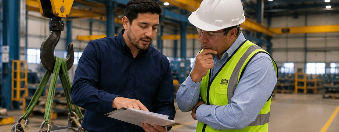 Dos profesionales revisando documentación técnica en una planta industrial